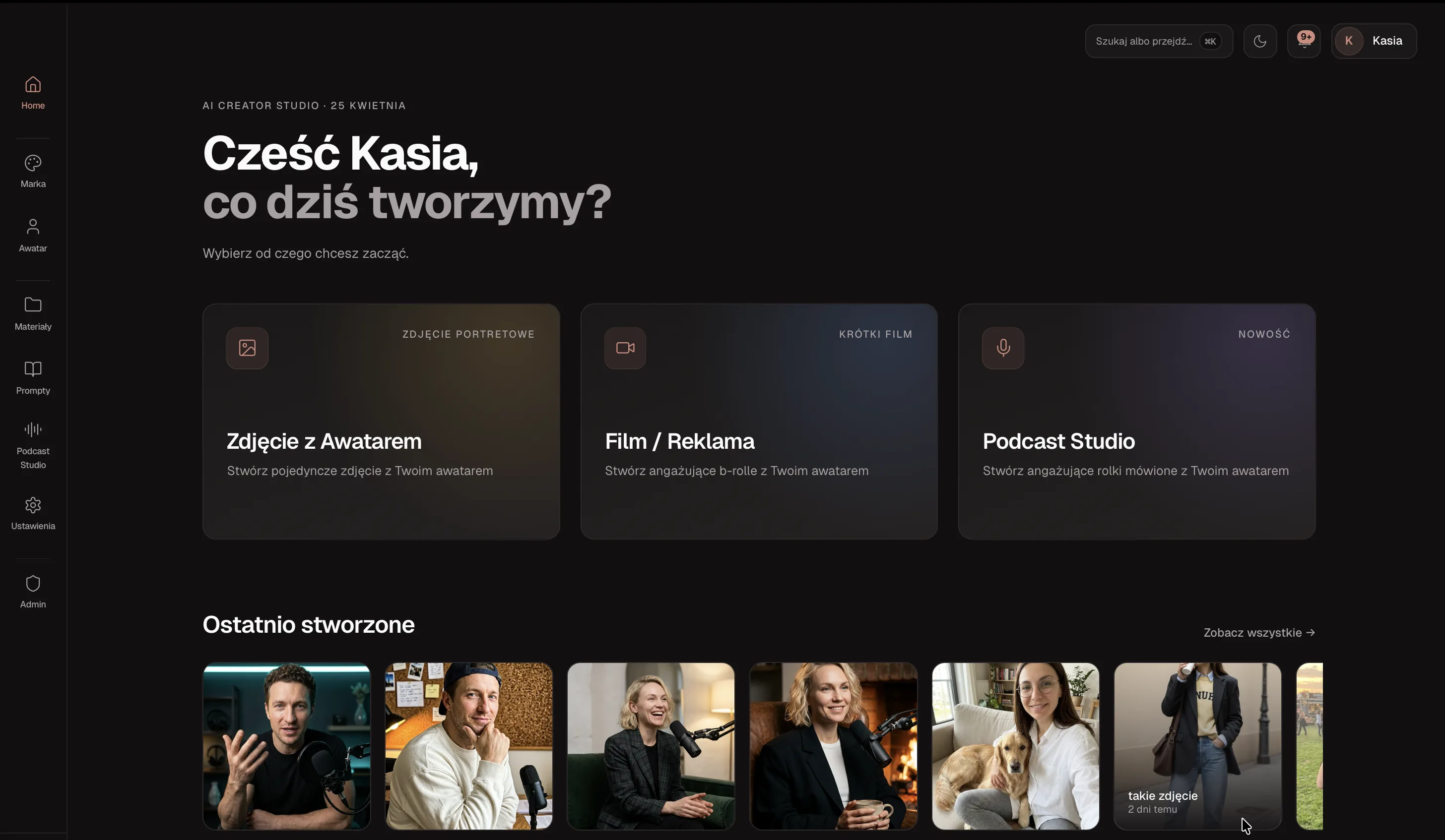 Panel AI Creator Studio Pro — widok główny