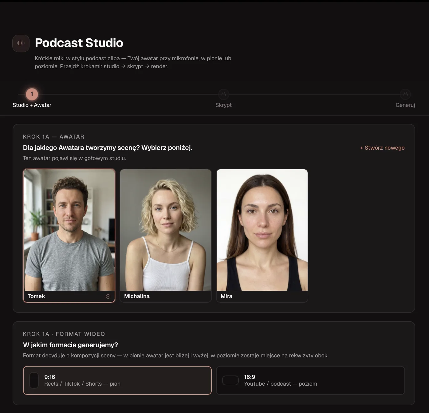 Krok 1 — wybór awatara i formatu wideo
